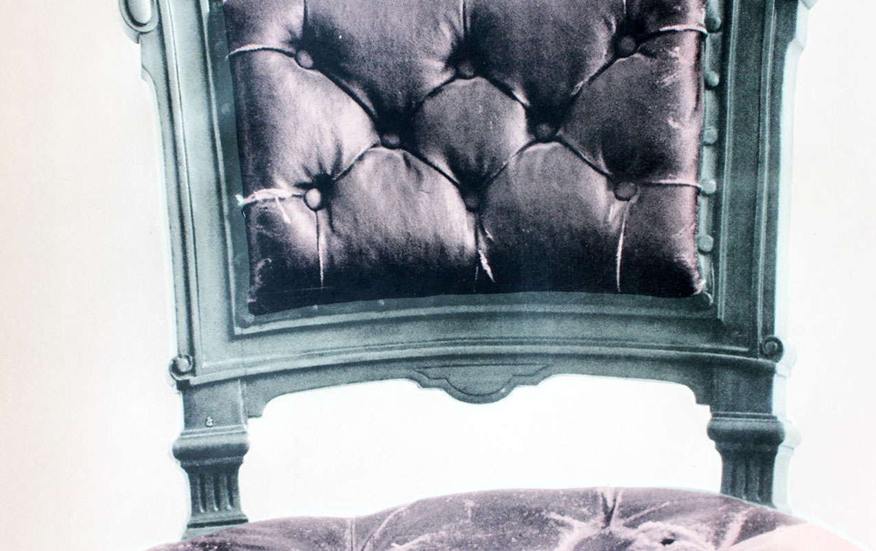 detail of chair a pink wallpaper screen print by Deborah Bowness.
