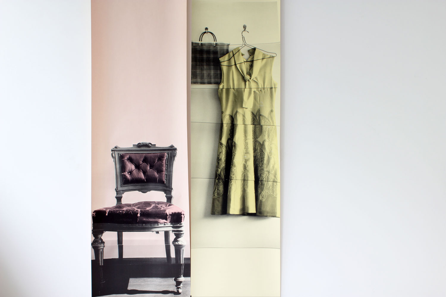 2 special edition wallpapers hanging on a wall. hand printed by Deborah Bowness.